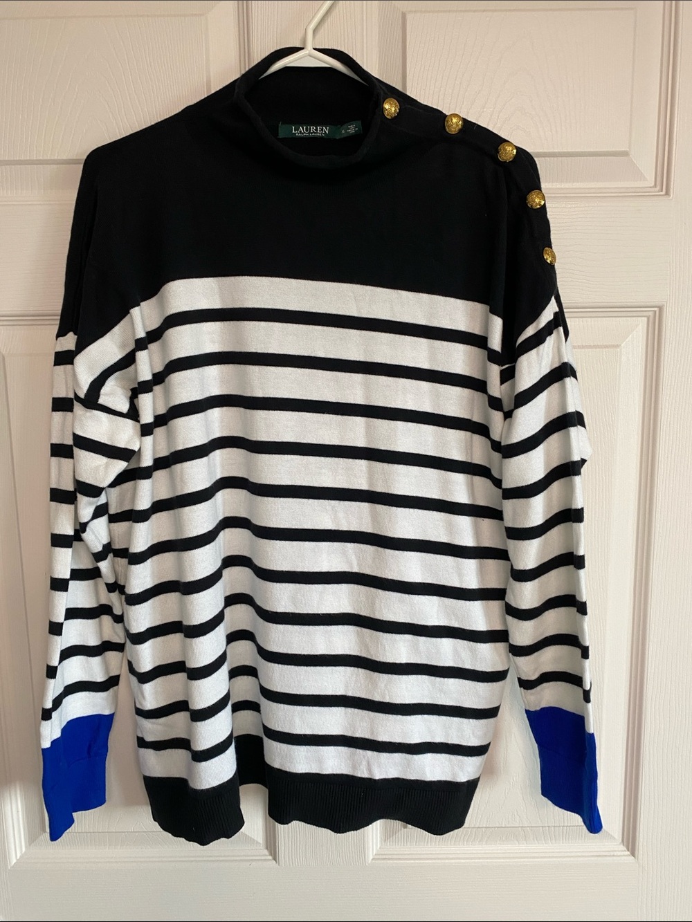 LAUREN Ralph Lauren Black & White Striped Crewneck Sweater with Blue Cuffs